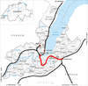 Route map showing existing lines in black and the proposed CEVA line in red