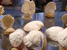Coquilles sculptées représentant notamment des têtes de soldats de l'antiquité, posées sur une table.