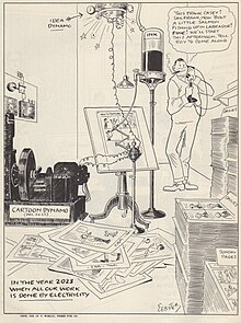 In this 1923 comic, H. T. Webster humorously imagines the life of a cartoonist in 2023, when machines powered by electricity can produce and execute ideas for cartoons. Cartoon dynamo.jpg