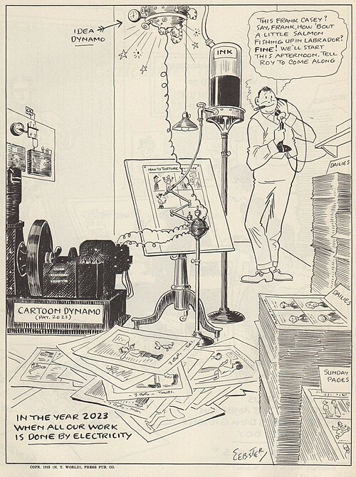 In this 1923 comic, H. T. Webster humorously imagines the life of a cartoonist in 2023, when machines powered by electricity can produce and execute i