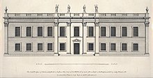Drawing of a two-storey classical house with statues and urns along the roof