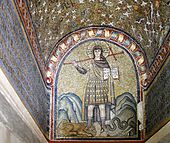 Christ as Emperor, wearing military dress, and crushing the serpent representing Satan. "I am the way and the truth and the life" (John 14:6) reads the inscription. Ravenna, after 500 Christ treading the beasts - Chapel of Saint Andrew - Ravenna 2016.jpg