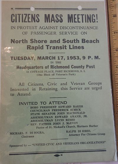Poster publicizing a March 1953 meeting protesting SIRT cuts