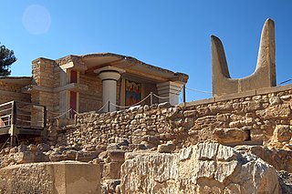 The temple at Knossos with sacred horns atop the stone wall