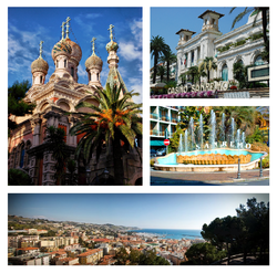 Oben: Orthodoxe Kirche im russischen Stil von Sanremo, Casino Sanremo, Zampillo-Brunnen (Fontana dello Zampillo) (von links nach unten rechts) Unten: Panoramablick auf die Innenstadt von Sanremo, den Yachthafen von Portosole und das Ligurische Meer