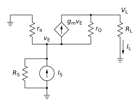 Figure 3: Common base circuit with Norton driver; RC is omitted because an active load is assumed with infinite small-signal output resistance Common base with Norton driver.svg