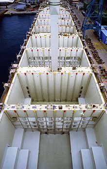 A view into the holds of a container ship. The vertical cell guides organize containers athwartships. Containerladeraume Schiff retouched.jpg