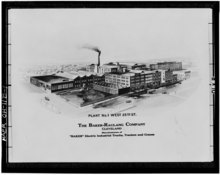 Copy of early 20th century lithograph showing aerial view, looking west. Rendering owned by Baker Materials Handling Corpation, Cleveland Ohio. - Rauch and Lang Carriage HAER OHIO,18-CLEV,25B-1.tif