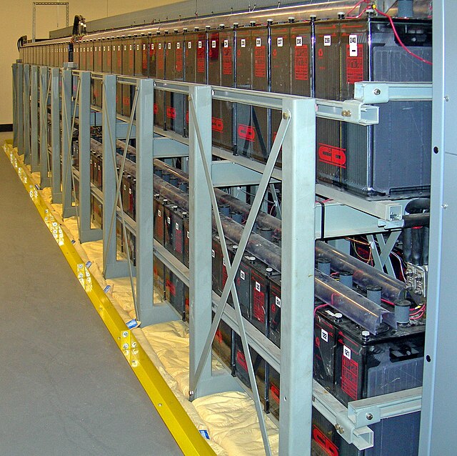 A rechargeable battery bank used in a data center