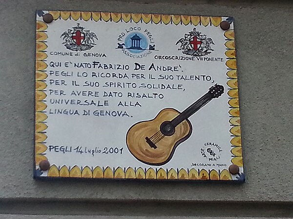 Memorial plaque on the birth house of Fabrizio De André in Pegli
