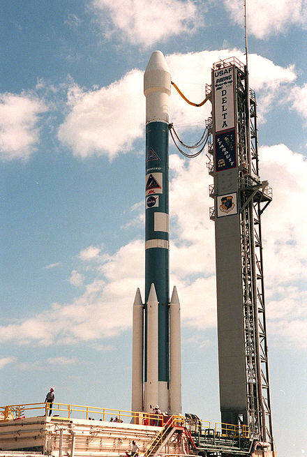 Boeing Delta II rocket carrying the Stardust spacecraft waiting for launch. Stardust had a close encounter with the comet Wild 2 in January 2004 and also collected interstellar dust containing pre-solar interstellar grains.