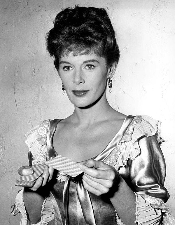 Diane Brewster as the wife, Jody Fargo, of a double-dealing lawman played by David Brian in the episode "Fargo" (1963)