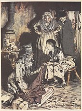 Scrooge's bedcurtains are examined in Old Joe's rag-and-bone shop - illustration by Arthur Rackham (1915). Dickens-charles-christmas-F60134-92.jpg