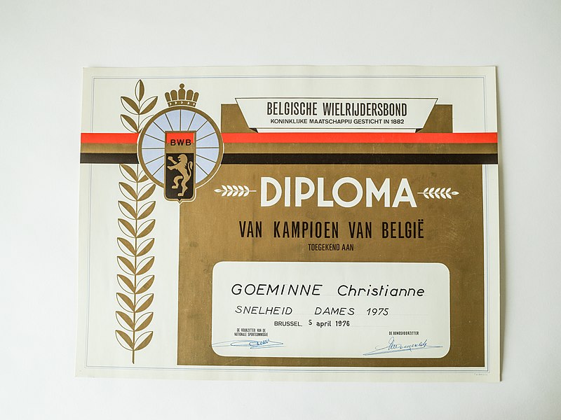 File:Diploma Belgisch kampioen snelheid, Christiane Goeminne, 1975 (collectie KOERS. Museum van de Wielersport).jpg