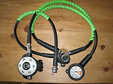 Diving regualtor assembly, with DIN connector first stage, single second stage, inflator hose and submersible pressure gauge Diving regualtor assembly.jpg