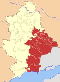 Districts of the Donetsk Oblast with government buildings under pro-Russian control or attempted control as of 5 May 2014[vague]