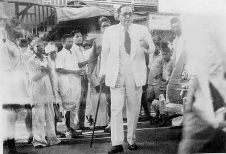 Untouchables leader, B. R. Ambedkar, chairman, Drafting Committee, Constitution of India, at the premiere of the film Paro (Story of an Untouchable girl), West End Theatre, Bombay, 1949