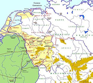 Map of Drusus' campaigns against the Germanic tribes, 12-9 BC Druso in Germania per Wikipedia.JPG