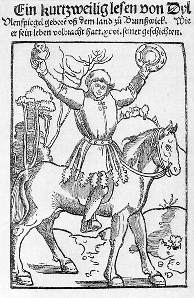 The prankster Till Eulenspiegel, depicted with owl and mirror (title page of the Strasbourg edition of 1515)