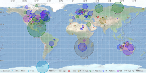 World map in equirectangular projection of the craters on the Earth Impact Database as of November 2017 (in the SVG file, hover over a crater to show its details) Earth Impact Database world map.svg