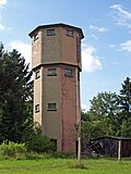 Ebersbach (Sachs) train station;  Reception building with platform roofing (No. 29), northern storage shed (No. 19), south of the water tower station and a long goods shed (No. 31, today apartments)