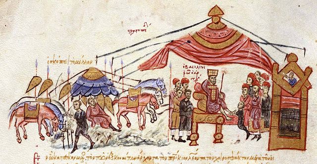 Miniature from the Madrid Skylitzes showing Romanos III encamped near Azaz with his army