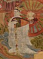 Una señora lleva la corona de ave (un fénix chino) tocando la p'i-pa, simbolizando el planeta Venus, 897 d. C..