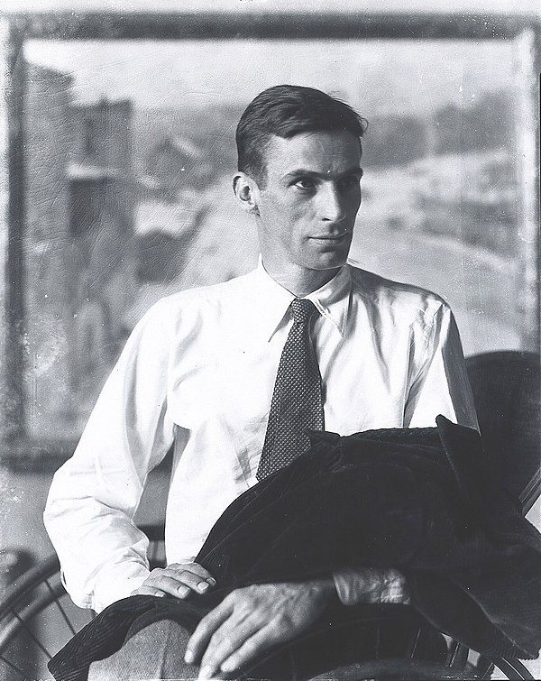 Folinsbee, seated in a wheelchair in front of his Mending the Canal Bank, c.1937.