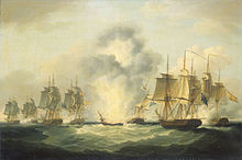 Medea (fourth ship from the left) in close action with HMS Indefatigable. Francis Sartorius - Four frigates capturing Spanish treasure ships, 5 October 1804.jpg