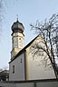 Katholische Filialkirche St. Laurentius in Gambach (Rohrbach an der Ilm) im Landkreis Pfaffenhofen an der Ilm (Bayern/Deutschland), Westseite und Gloc...