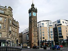 The Tolbooth Steeple dominates Glasgow Cross and marks the east side of the Merchant City. Glasgow Tolbooth Steeple, Glasgow.jpg