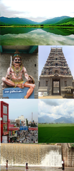 Im Uhrzeigersinn von oben: Bhavani River mit Western Ghats, Pariyur Kondathu Kaliamman Tempel, Reisfeldern, Kodiveri Dam, Cutchery Medu und Maha Muniappan