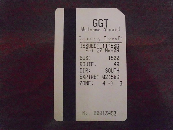 A Golden Gate Transit local transfer (issued on a Marin Transit route) that allows a 3-hour travel period within Marin County.