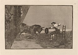 No.18: The Daring of Martincho in the Ring at Zaragoza, etching and aquatint 24,5 x 35,5 cm. In this work from La Tauromaquia a famous bullfighter is depicted sitting on a chair and with feet shackled together while facing the attacking bull. Here, Goya ignores - partly - the laws of perspective, depicting the viewers in a rather unusual way in order to give more dynamism to the work. Goya - Temeridad de martincho en la plaza de Zaragoza (The Daring of Martincho in the Ring at Saragossa).jpg