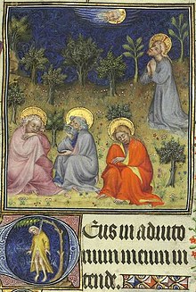 Deus, in adiutorium meum intende in Tres Riches Heures du Duc de Berry Grandes Heures de Jean de Berry - Mont des oliviers et suicide de Judas (fol. 65).jpg