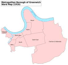 wards of Greenwich Metropolitan Borough in 1916 Greenwich Met. B Ward Map 1916.svg