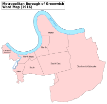 A map showing the Marsh ward of Greenwich Metropolitan Borough as it appeared in 1916. Greenwich Met. B Ward Map 1916.svg