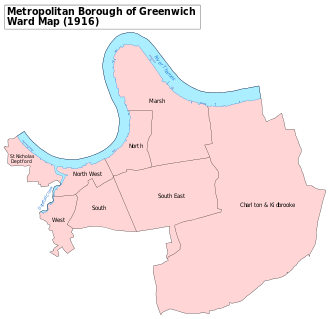 A map showing the wards of Greenwich Metropolitan Borough as they appeared in 1916. Greenwich Met. B Ward Map 1916.svg