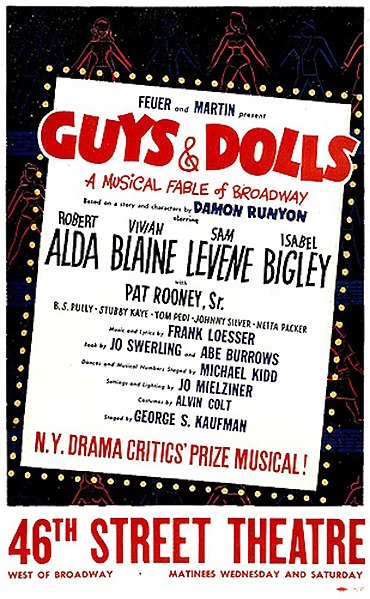 Guys and Dolls window card starring Vivian Blaine, Robert Alda and Sam Levene from original 1950 Broadway production at the 46th Street Theatre