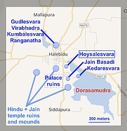 Halebidu monuments map, 1930 survey, the Dorasamudra of Hoysala dynasty.jpg
