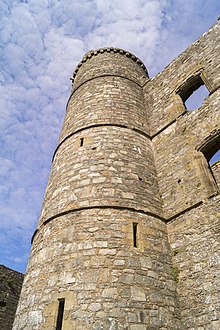 Una forte torre, costruita in pietra, alcune feritoie;  alcune aperture di finestre sul muro che unisce la torre.