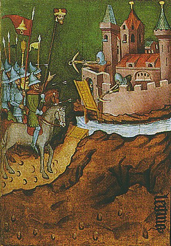 A scene from an altar of St. Hedwig of Silesia: Mongol warriors display the head of Henry II of Silesia on a long lance in an attempt to weaken the morale of the defenders. Painting of 1430.