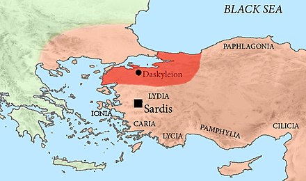 The location of Hellespontine Phrygia, and the provincial capital of Dascylium, in the Achaemenid Empire, c. 500 BC.