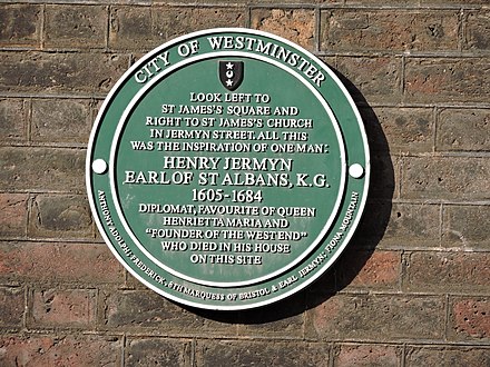 City of Westminster Green Plaque for Henry Jermyn, Earl of St Albans (1605-1684), located in Duke of York Street, London SW1