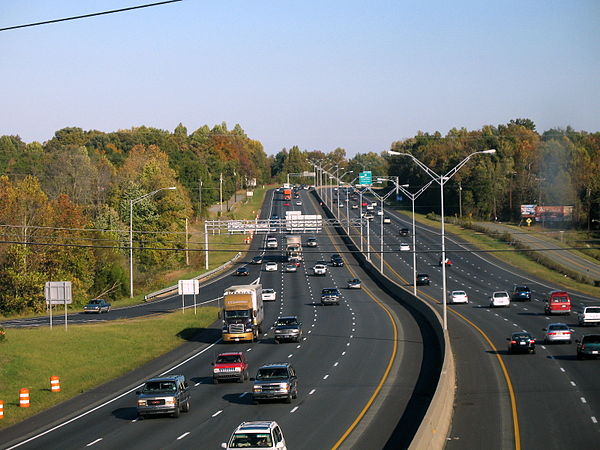 Interstates 85 and 40 run concurrently as seen from Exit 141 in Burlington, facing east. The Interstates run east to west through the central part of 