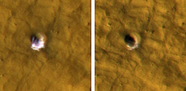 Two pictures from HiRISE showing how ice disappeared over time in a crater. Crater on left is before ice disappeared. Crater is 6 meters in diameter.