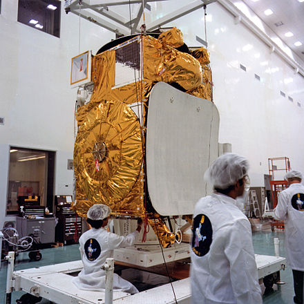 INSAT-1B being prepared in a processing facility.