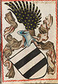 Représentation d'un casque avec cimier et ornements dans le livre des armoiries de Scheibler (de) (XVe au XVIIe siècle, ici: comtes d'Isembourg)