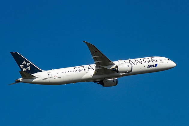 An All Nippon Airways Boeing 787-9 Dreamliner in Star Alliance livery taking off from Beijing Capital International Airport.