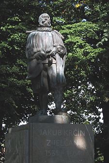Pomník Jakuba Krčína na hrázi rybníka Svět v Třeboni